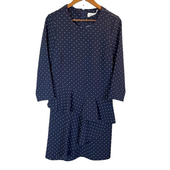 Eliza J Women 10 Navy Blue Polka Dot Tiered Ruffle Dress MIni 3/4 Sleeve Preppy - Picture 2 of 5